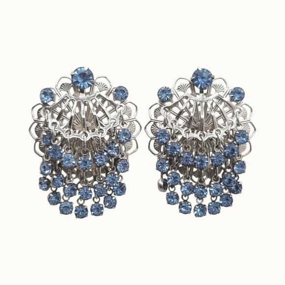 Estate Jewelry Jewelry - Vintage Sky Blue Rhinestone Silver Filigree Waterfall Clip On Earrings RetroGlam